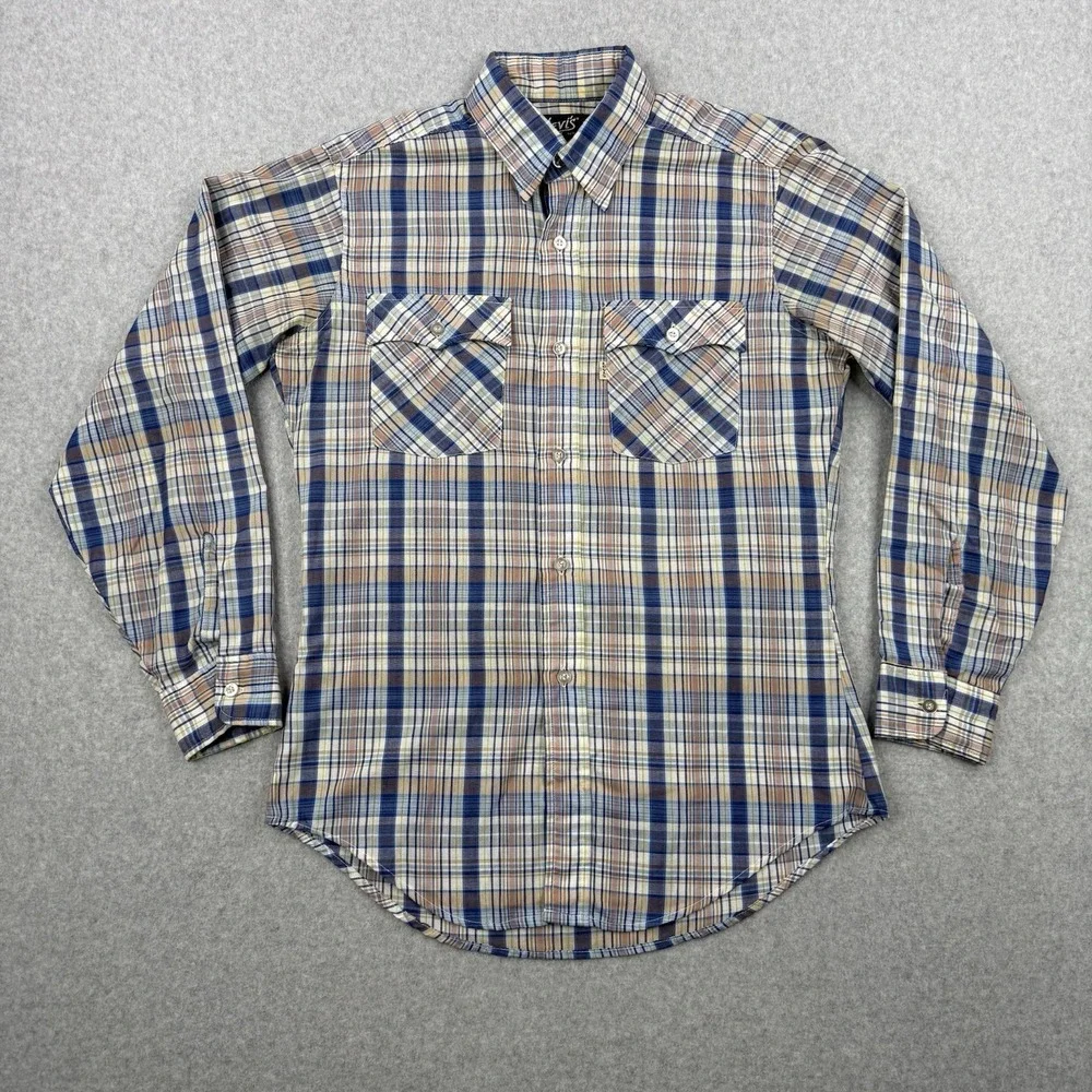 Vintage Levis Shirt Mens Medium Blue Plaid 70s Tapered Western Long Sleeve